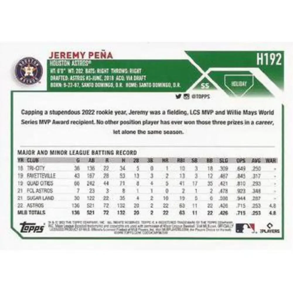 2023 Topps Holiday Jeremy Pena H192 Houston Astros